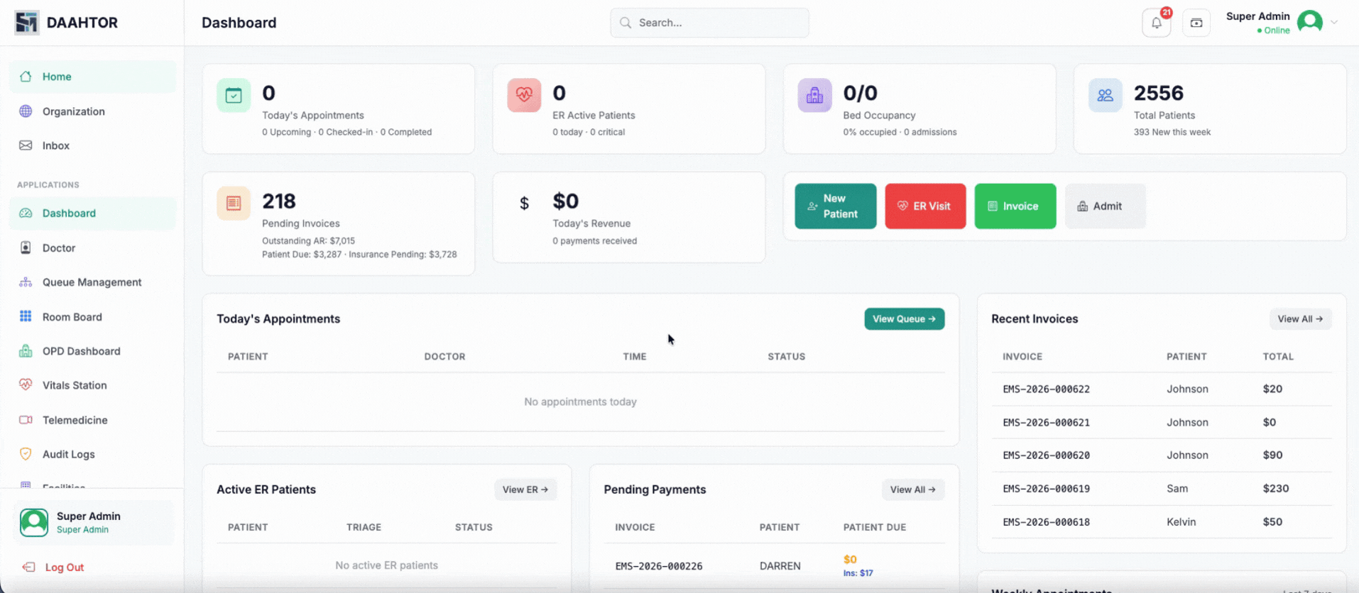 Clinic & Hospital Systems functional dashboard software interface